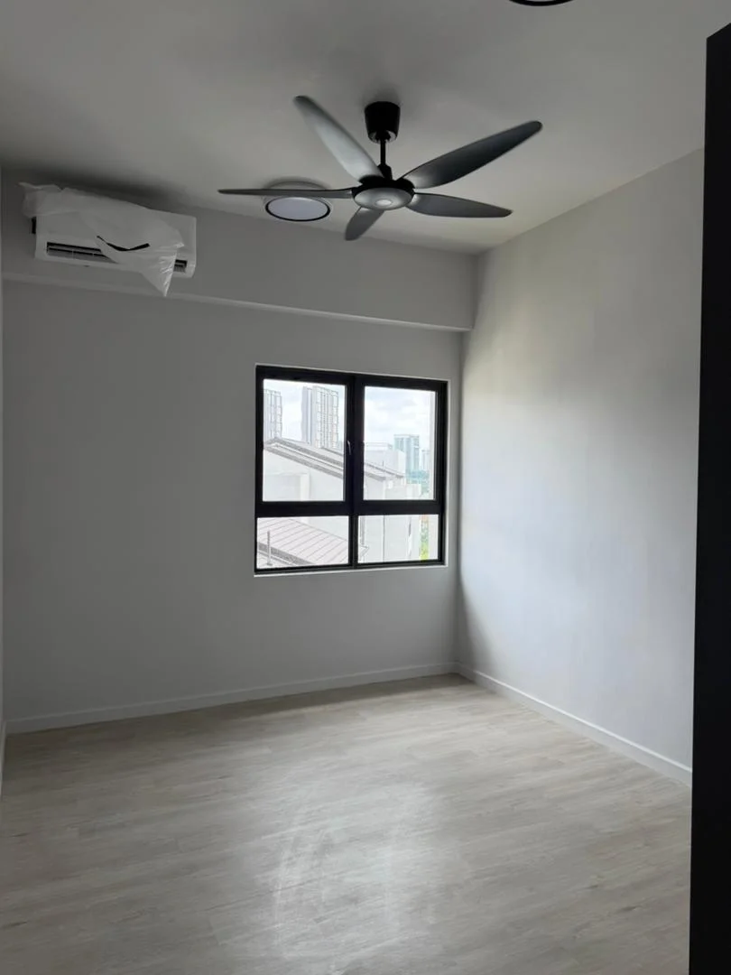 Room features: light grey painted walls, laminate flooring, 5-blade ceiling fan with light, floor-to-ceiling window, air conditioning unit; style: modern; view: city.